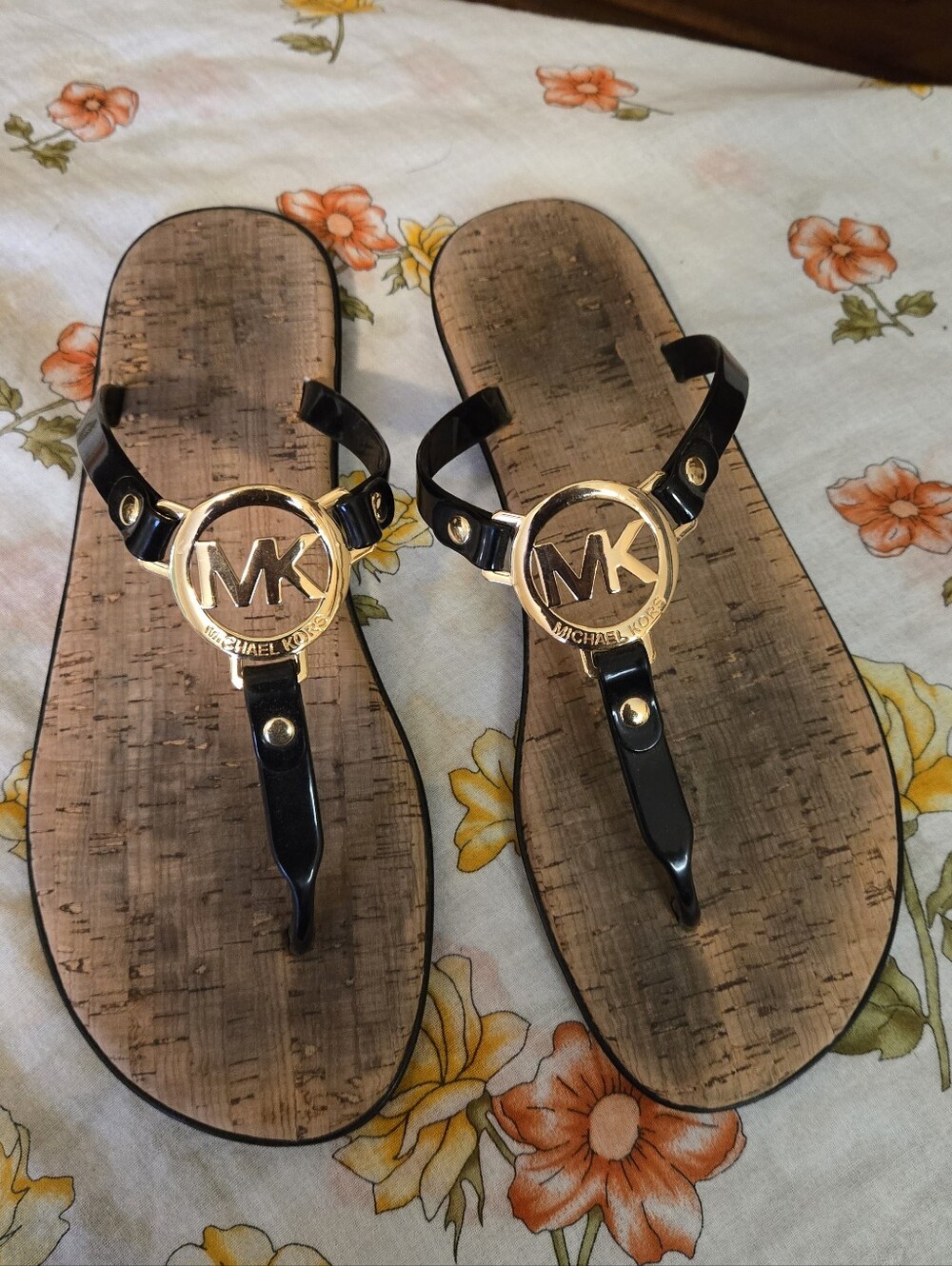 Michael Kors Black Sandal Thongs with Gold MK Medallions